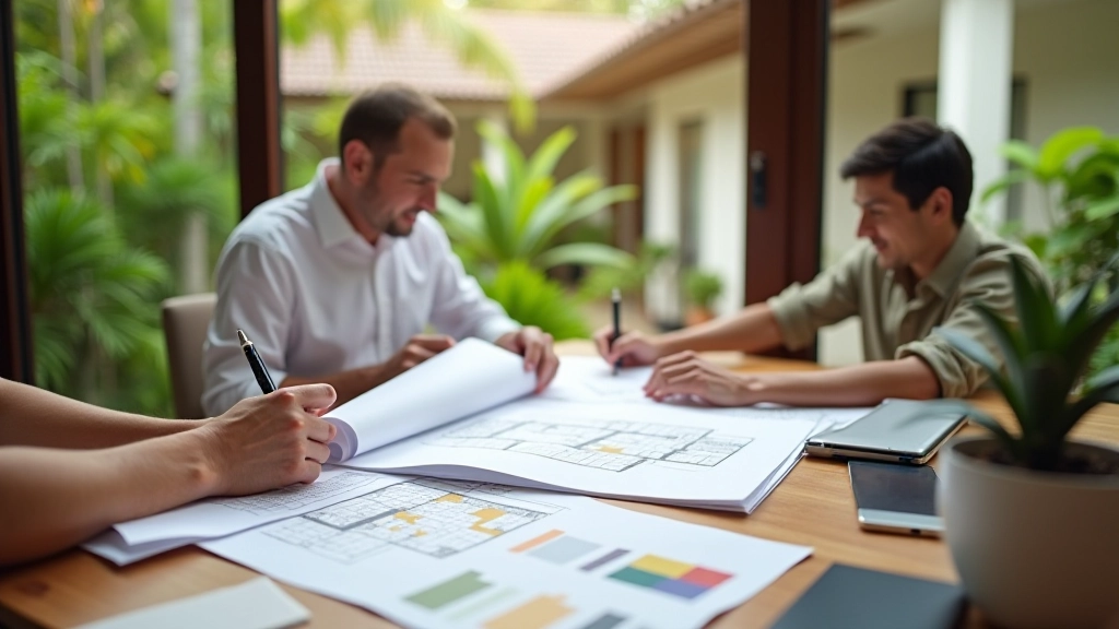 Professional architect reviewing courtyard layout plans and design sketches on wooden desk with measurements and color swatches