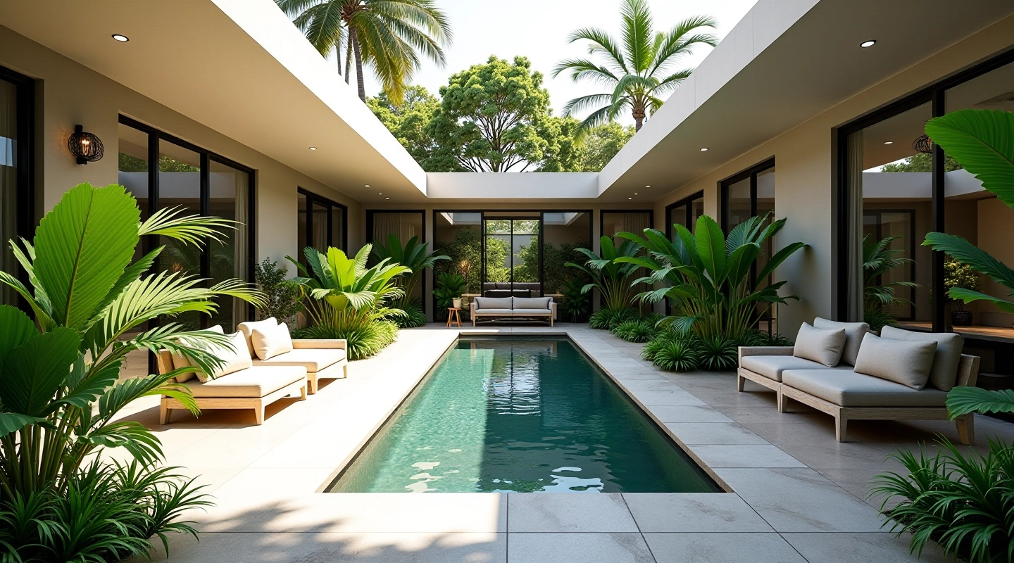 Modern tropical courtyard with central water feature and lush green plants surrounding comfortable seating area