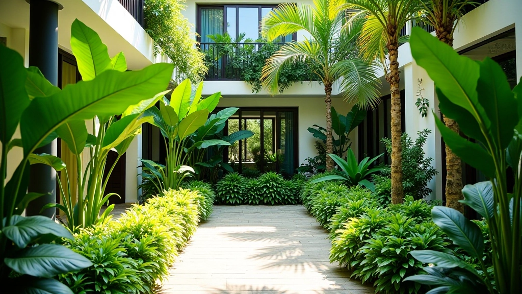 Tropical plants and flowering shrubs suitable for Bangalore courtyards, lush greenery and water features