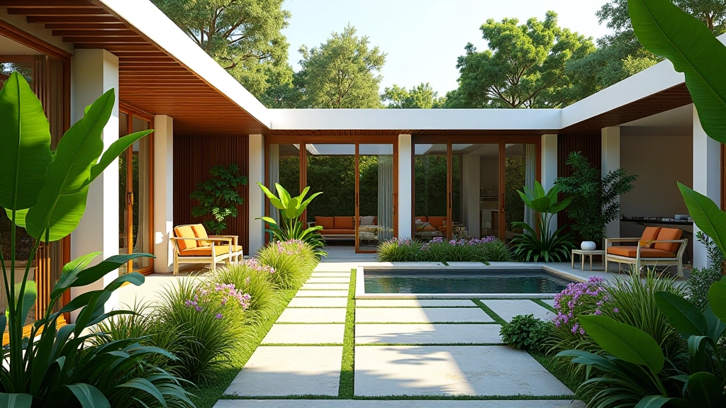 Bangalore villa courtyard with monsoon-ready drainage system and native flowering plants in landscape design