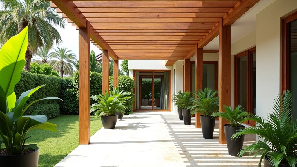 Wooden pergola shade structure over verandah with natural stone flooring and potted plants